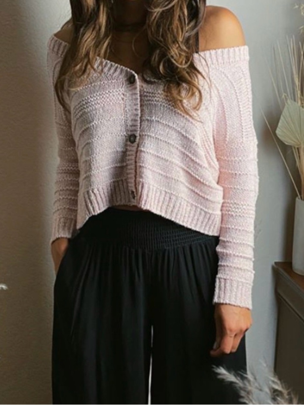 Light Pink Off-the-Shoulder Cropped Button Cardigan Sweater